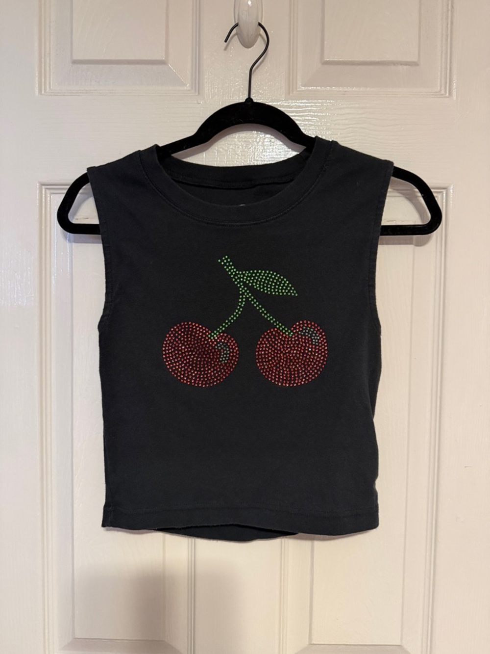 Black Sleeveless Top with Red Cherry Rhinestone Design